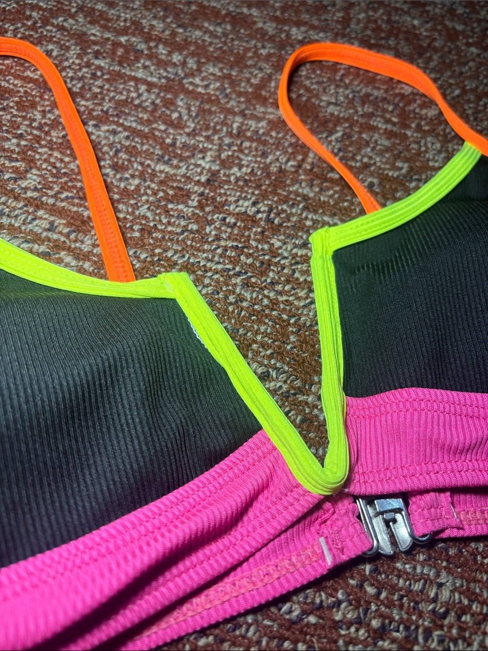 Neon trim v neck bikini black ribbed high waisted y2k style swimsuit women’s S - Picture 4 of 14